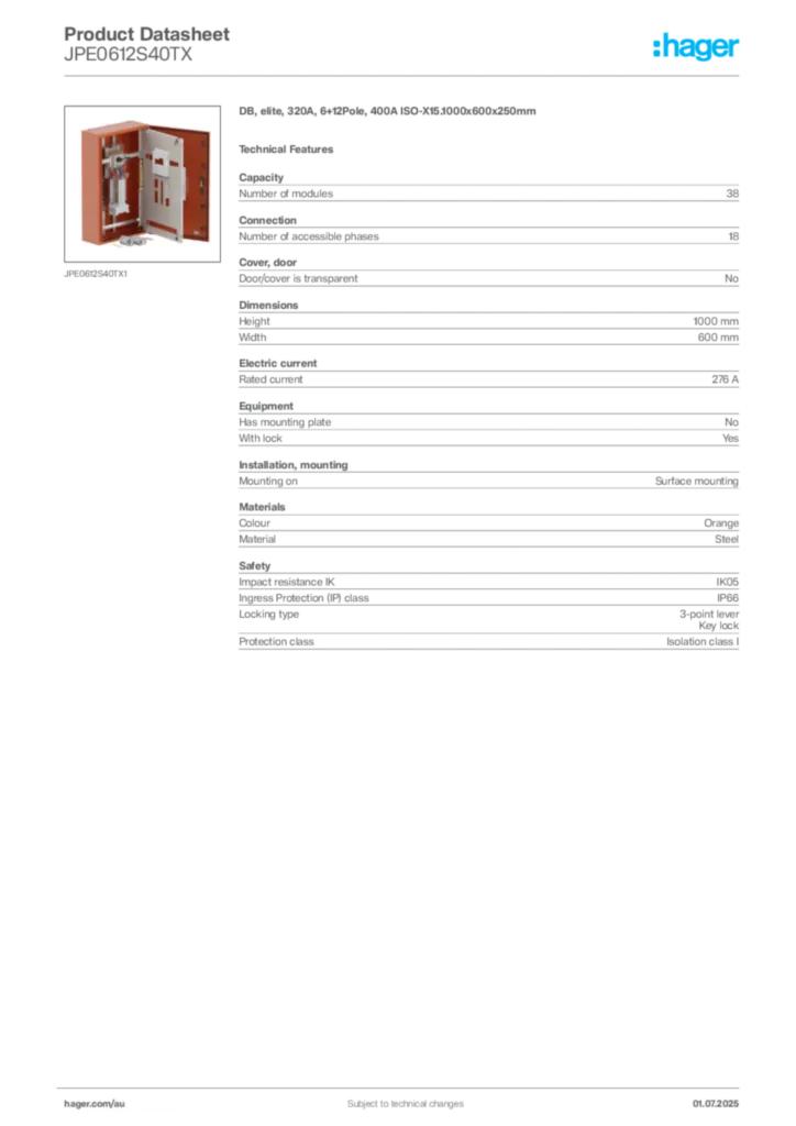 Image Hager Product data sheet JPE0612S40TX  | Hager Australia