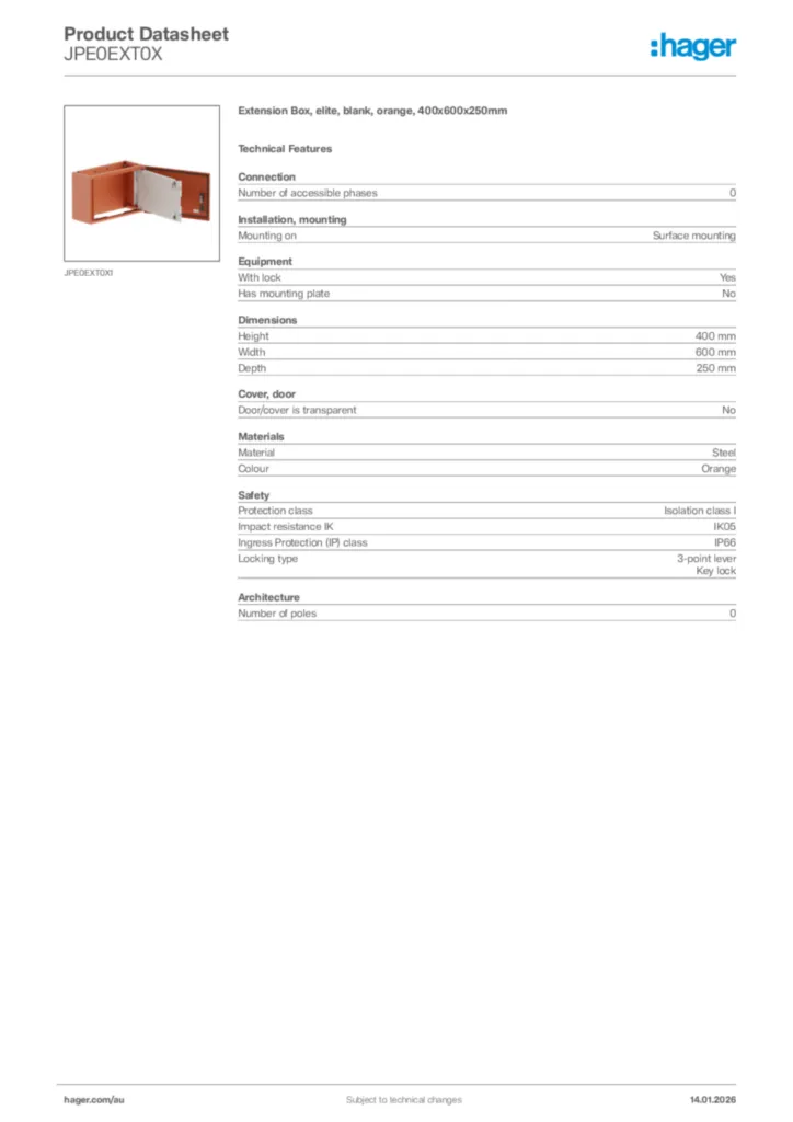 Image Hager Product data sheet JPE0EXT0X  | Hager Australia