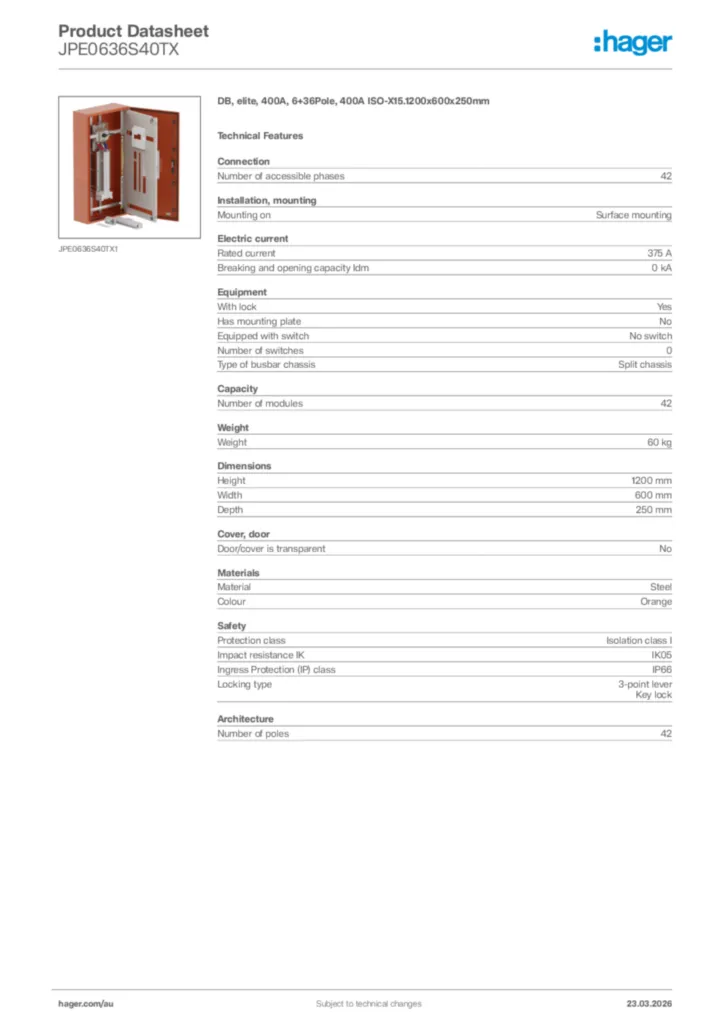 Image Hager Product data sheet JPE0636S40TX  | Hager Australia