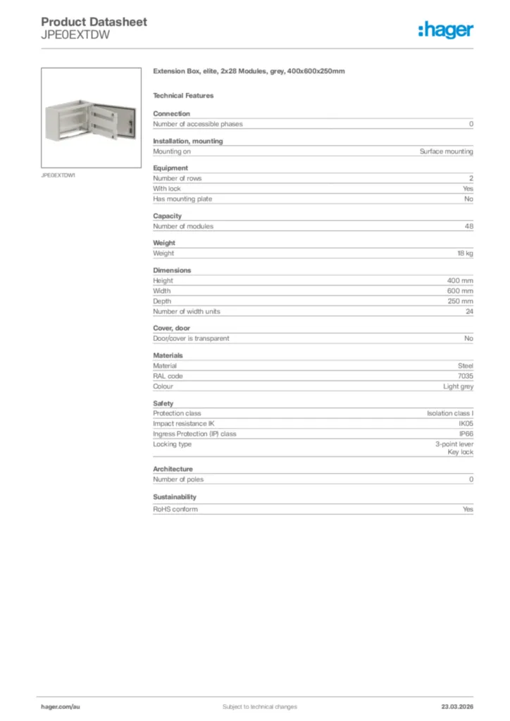 Image Hager Product data sheet JPE0EXTDW  | Hager Australia
