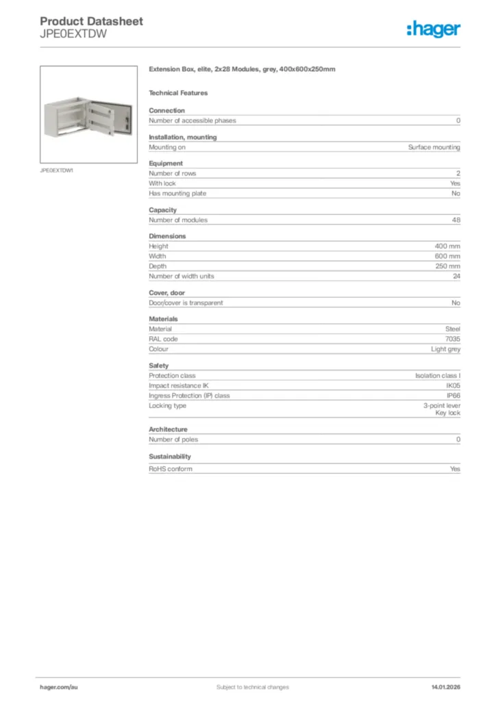 Image Hager Product data sheet JPE0EXTDW  | Hager Australia