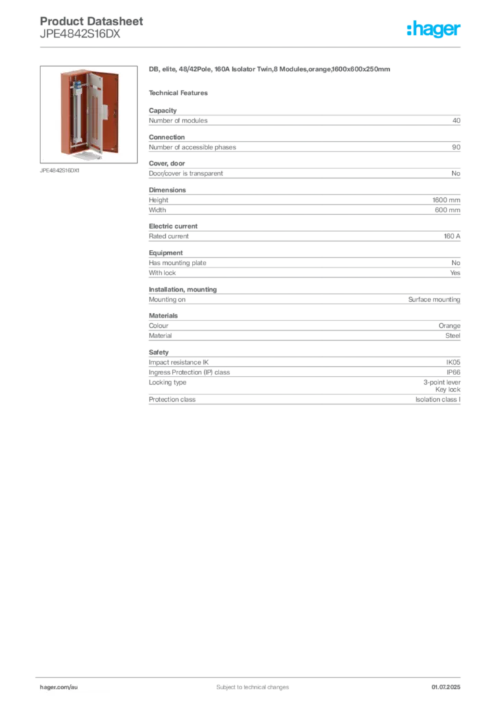 Image Hager Product data sheet JPE4842S16DX  | Hager Australia
