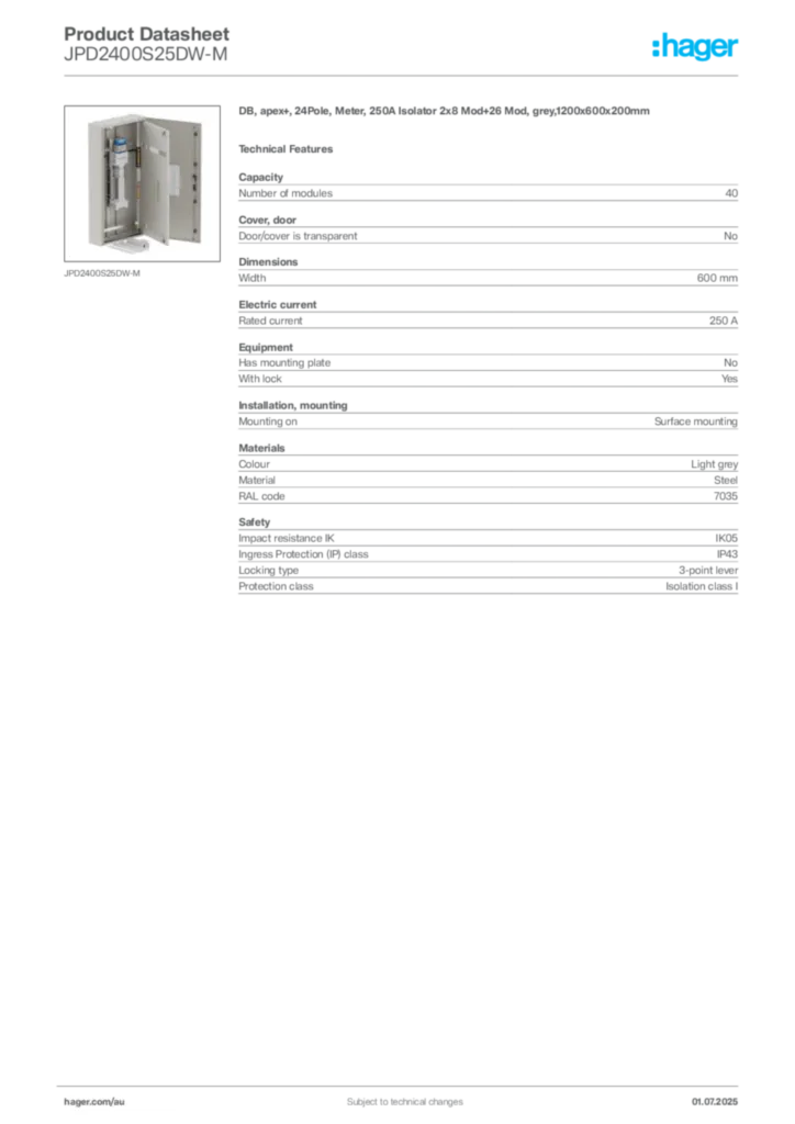 Image Hager Product data sheet JPD2400S25DW-M  | Hager Australia