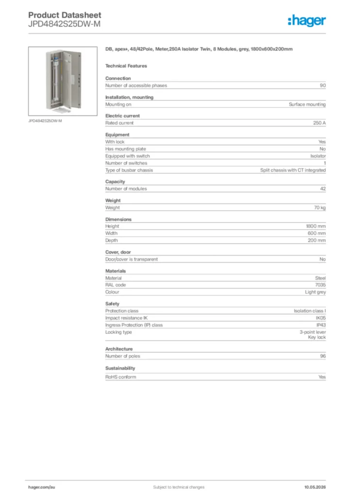 Image Hager Product data sheet JPD4842S25DW-M  | Hager Australia