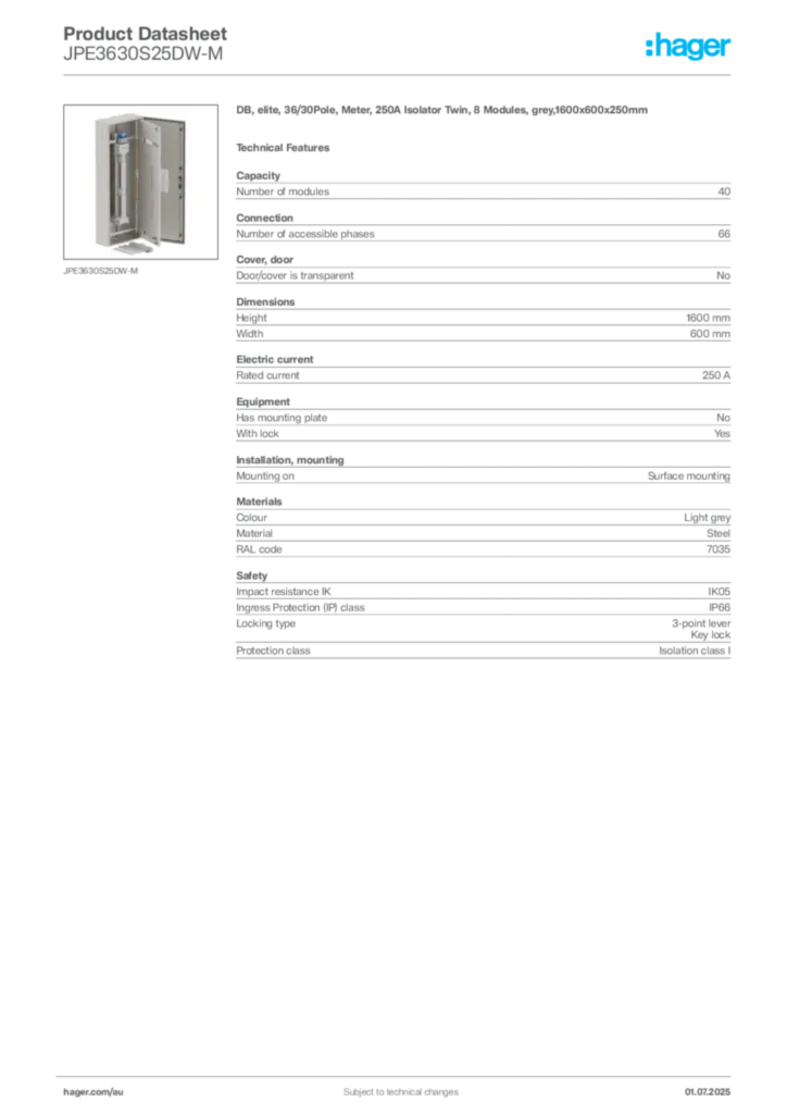 Image Hager Product data sheet JPE3630S25DW-M  | Hager Australia