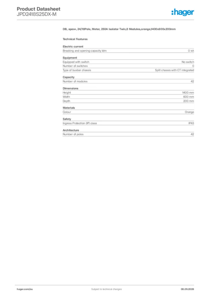 Image Hager Product data sheet JPD2418S25DX-M  | Hager Australia