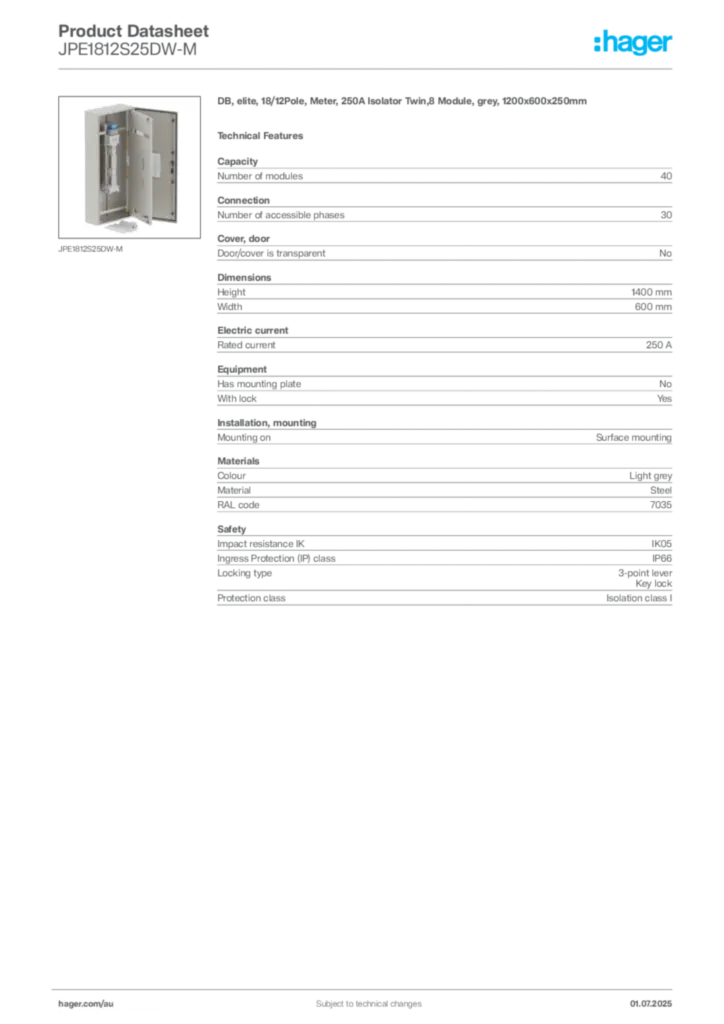 Image Hager Product data sheet JPE1812S25DW-M  | Hager Australia