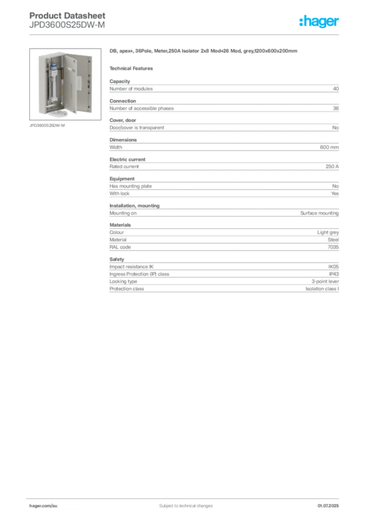 Image Hager Product data sheet JPD3600S25DW-M  | Hager Australia