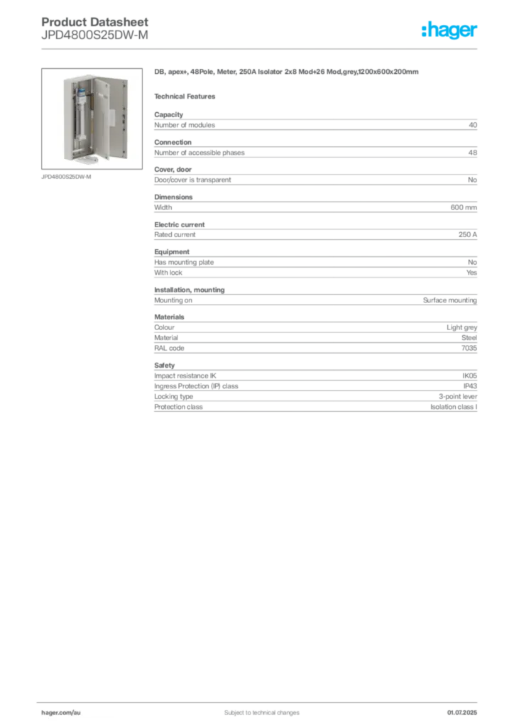 Image Hager Product data sheet JPD4800S25DW-M  | Hager Australia