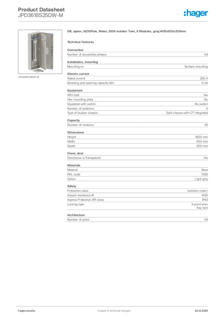 Image Hager Product data sheet JPD3618S25DW-M  | Hager Australia