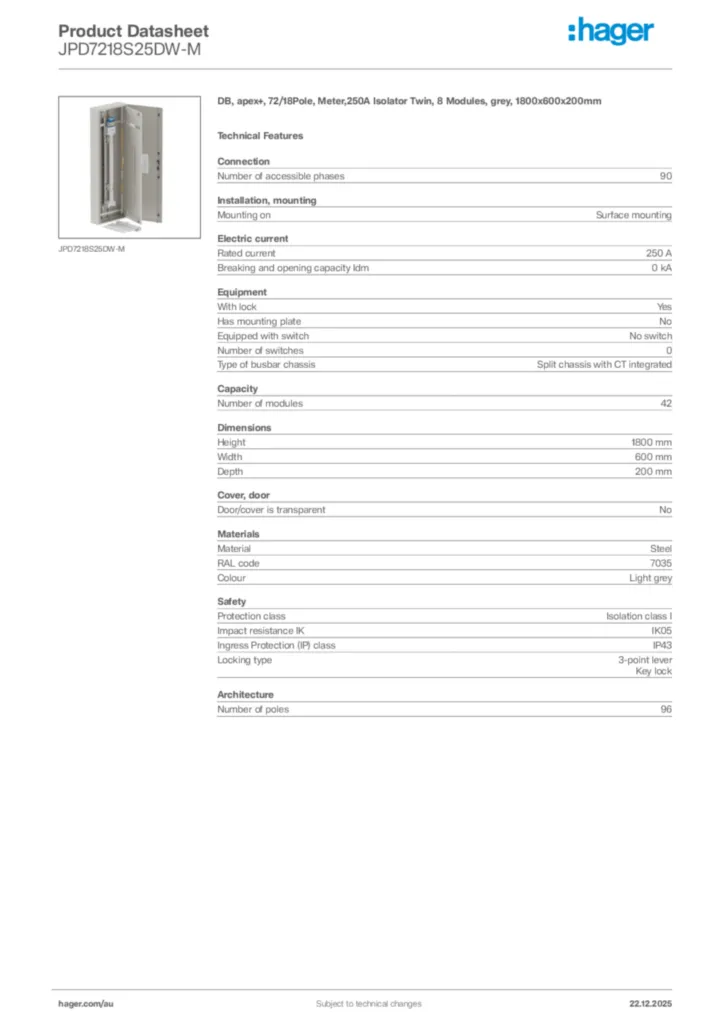 Image Hager Product data sheet JPD7218S25DW-M  | Hager Australia