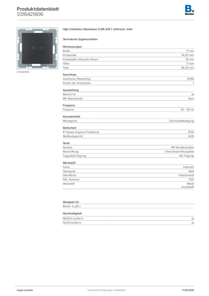 Bild Berker Produktdatenblatt 3315421606 | Hager Deutschland