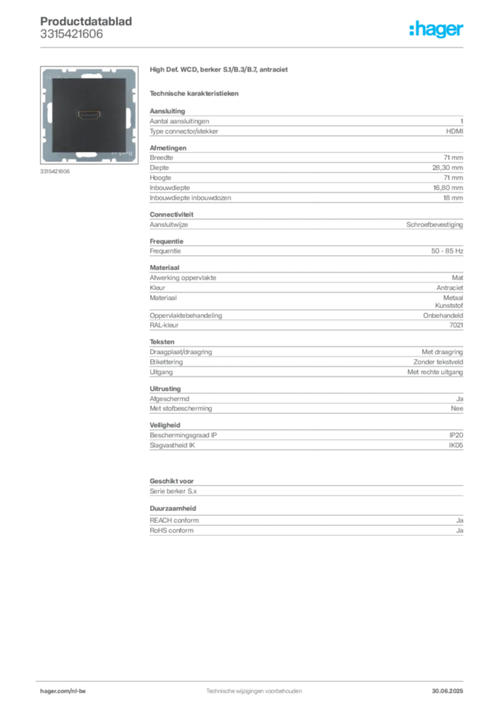 Afbeelding Hager Productdatablad 3315421606 | Hager Belgium