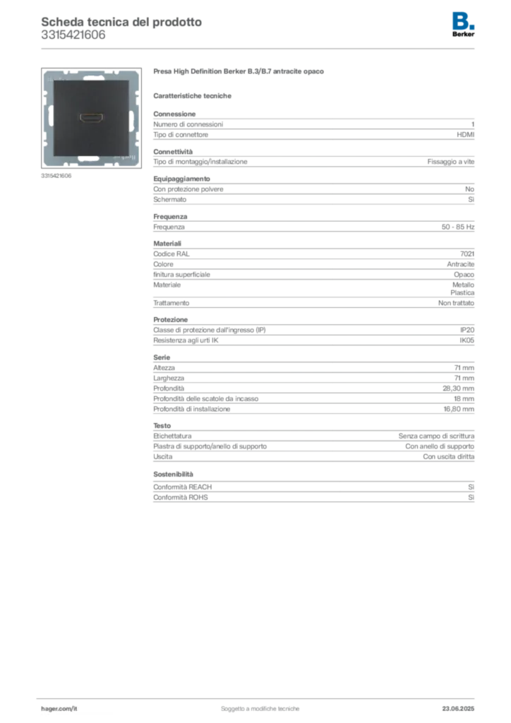 Immagine Berker Scheda tecnica del prodotto 3315421606 | Hager Italia