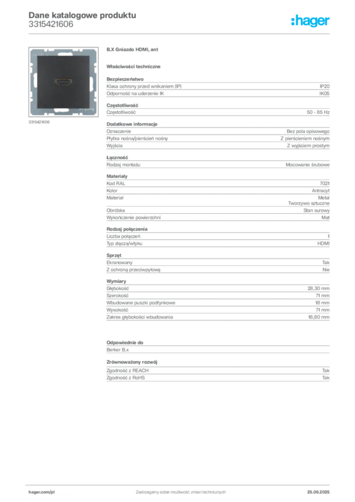 Zdjęcie Hager Dane katalogowe produktu 3315421606 | Hager Polska