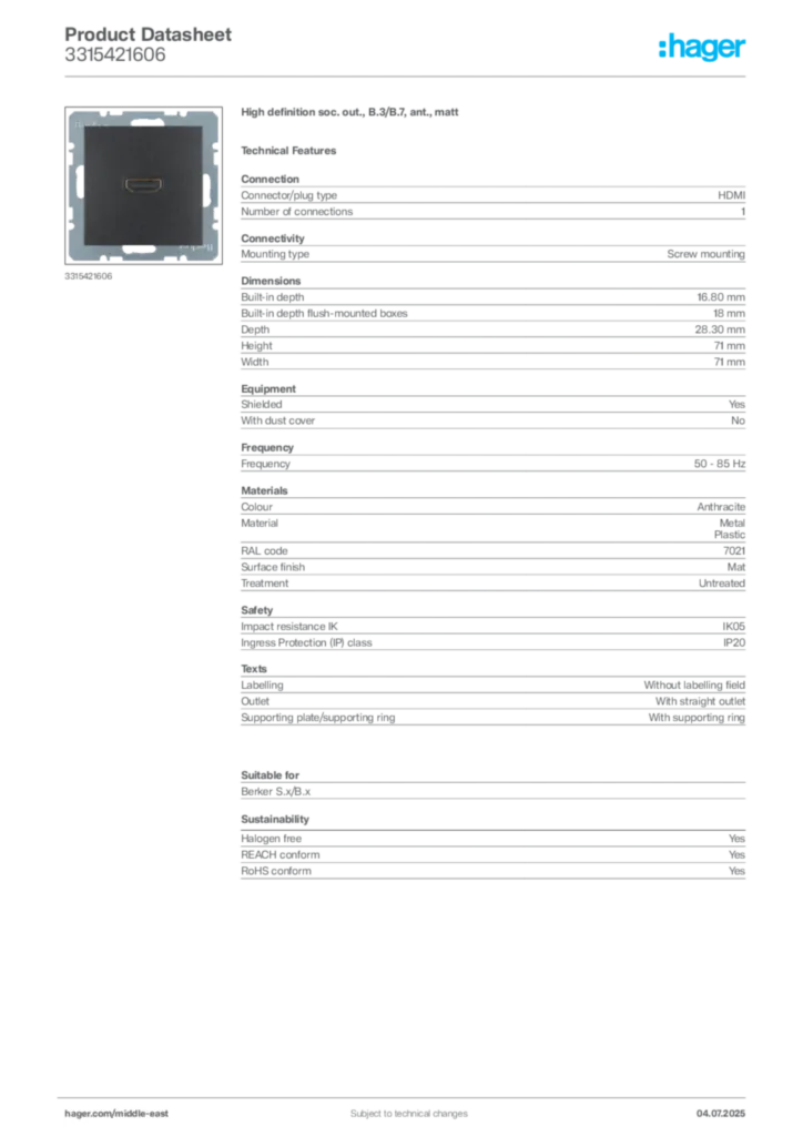 Image Hager Product data sheet 3315421606  | Hager