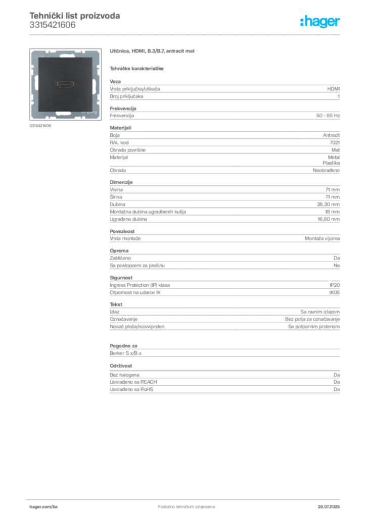Slika Hager Product data sheet 3315421606  | Hager