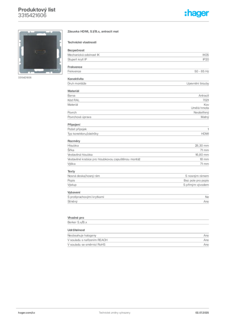 Obrázek Hager Produktový list 3315421606 | Hager