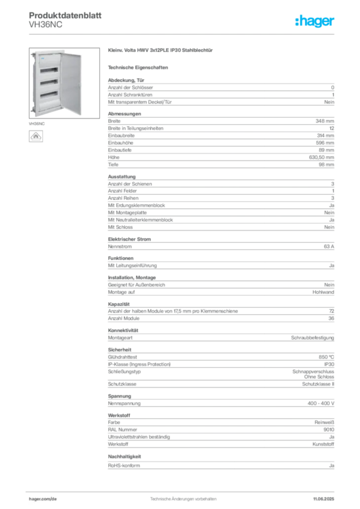 Hager Produktdatenblatt VH36NC