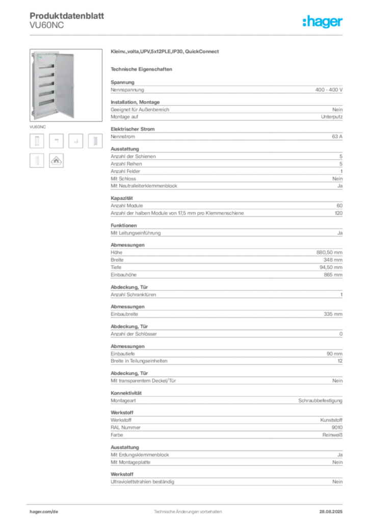 Hager Produktdatenblatt VU60NC