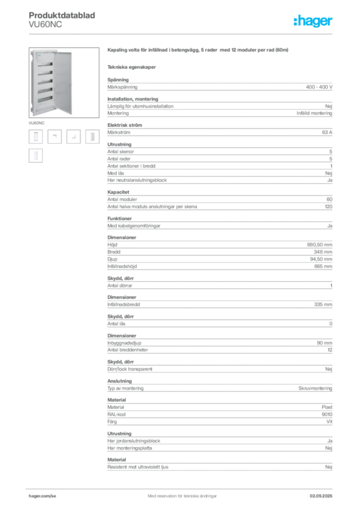 Bild Hager Produktdatablad VU60NC | Hager Sverige