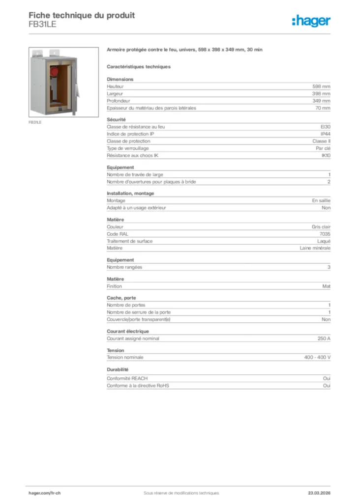 Image Hager Fiche technique du produit FB31LE | Hager Suisse