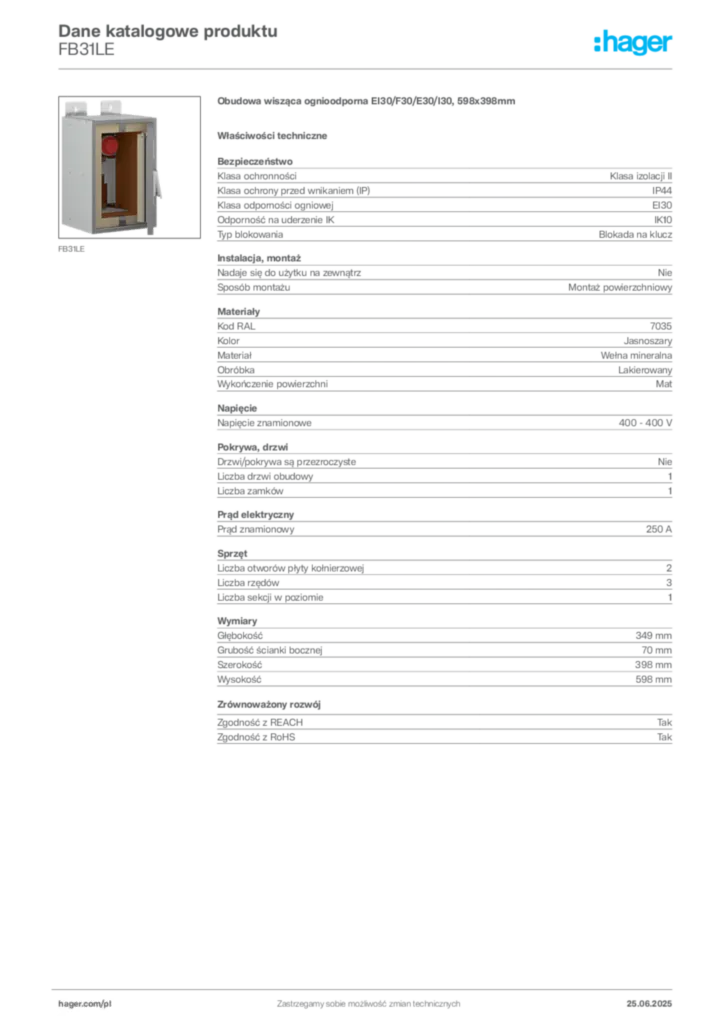 Zdjęcie Hager Dane katalogowe produktu FB31LE | Hager Polska