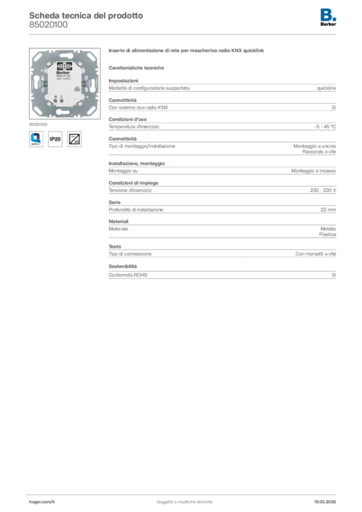 Immagine Berker Scheda tecnica del prodotto 85020100 | Hager Italia