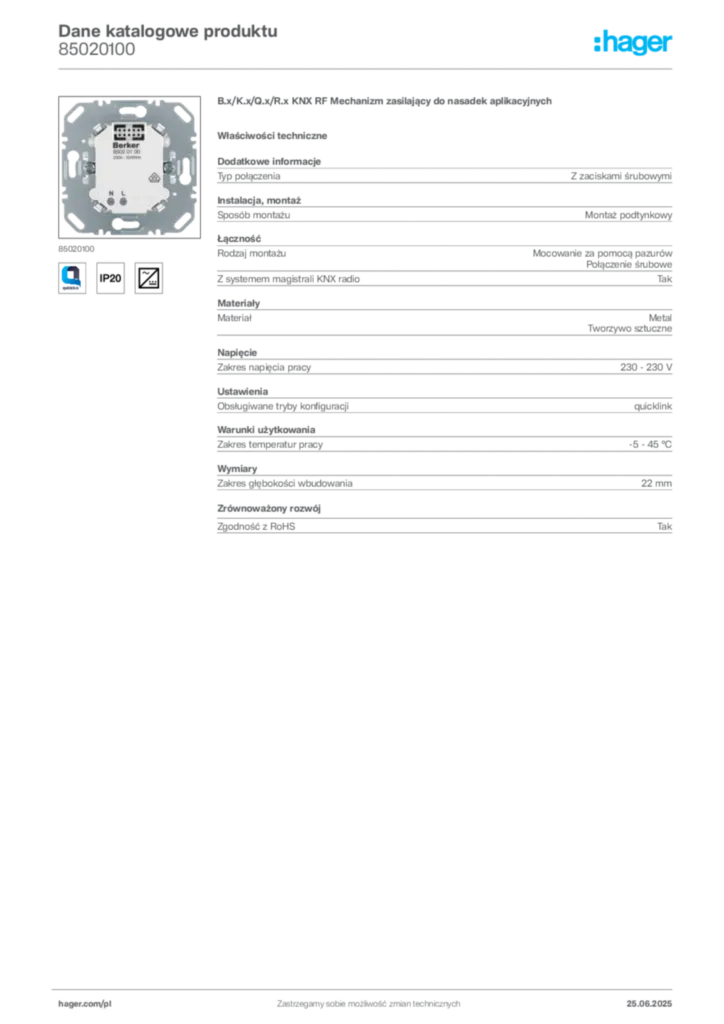 Zdjęcie Hager Dane katalogowe produktu 85020100 | Hager Polska