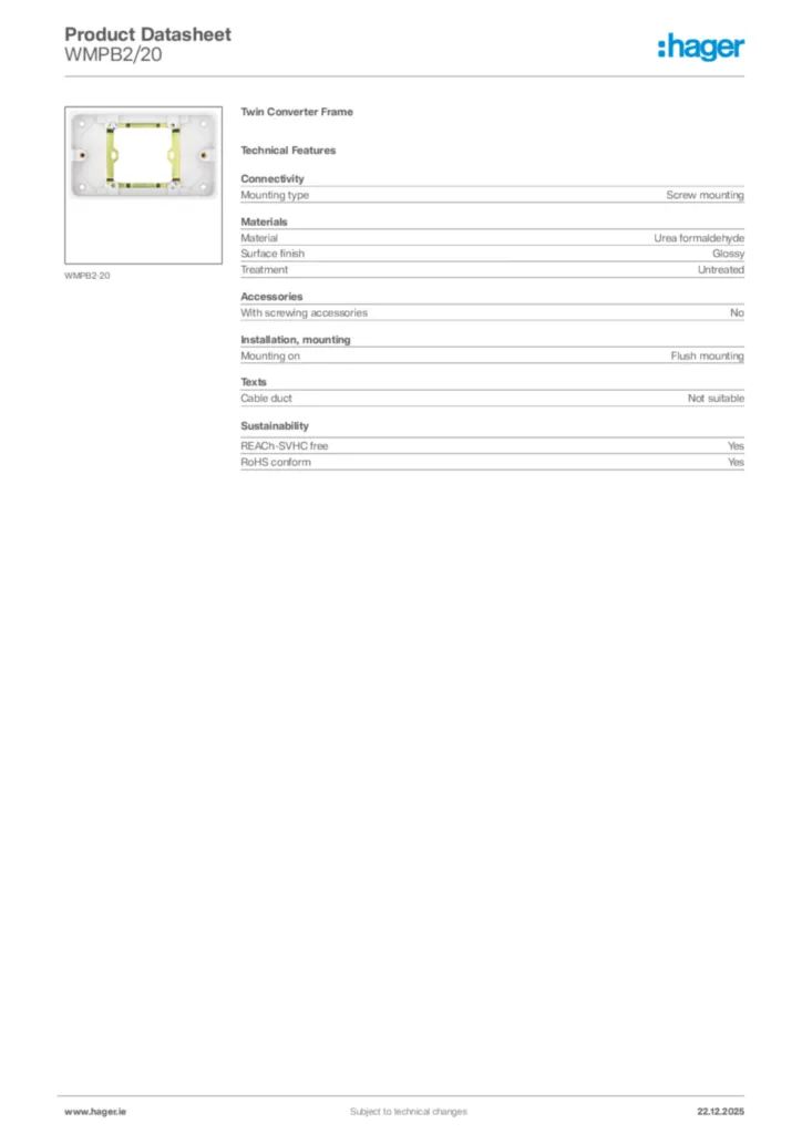 Image Hager Product data sheet WMPB2/20  | Hager