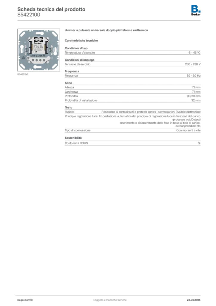 Immagine Berker Scheda tecnica del prodotto 85422100 | Hager Italia