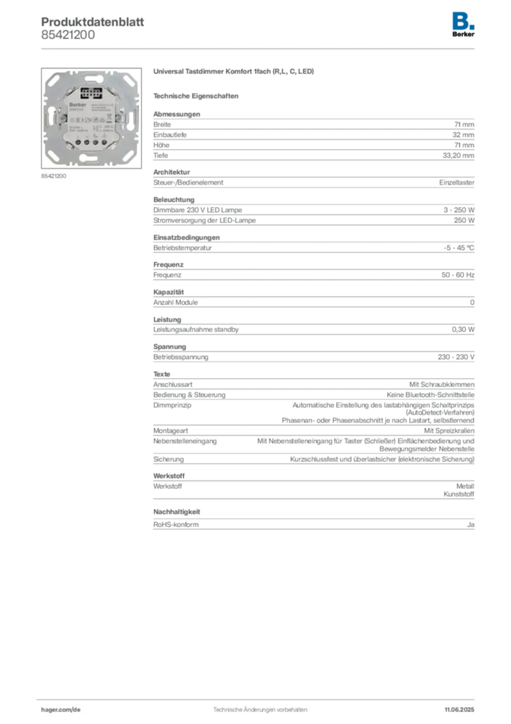 Bild Berker Produktdatenblatt 85421200 | Hager Deutschland