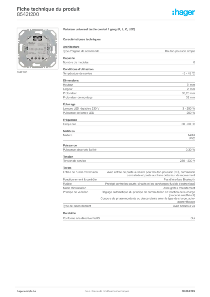 Image Hager Fiche technique du produit 85421200 | Hager Belgique