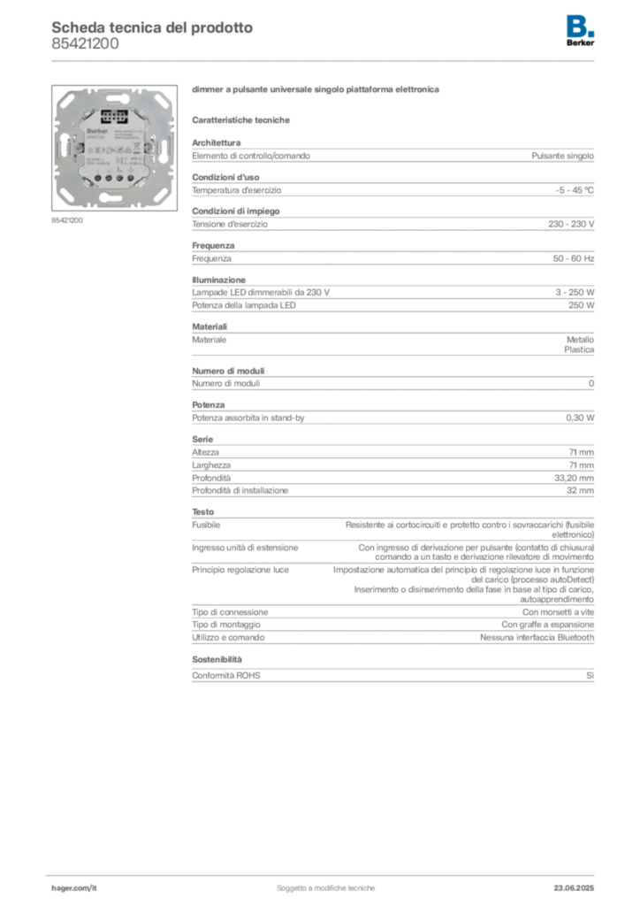 Immagine Berker Scheda tecnica del prodotto 85421200 | Hager Italia