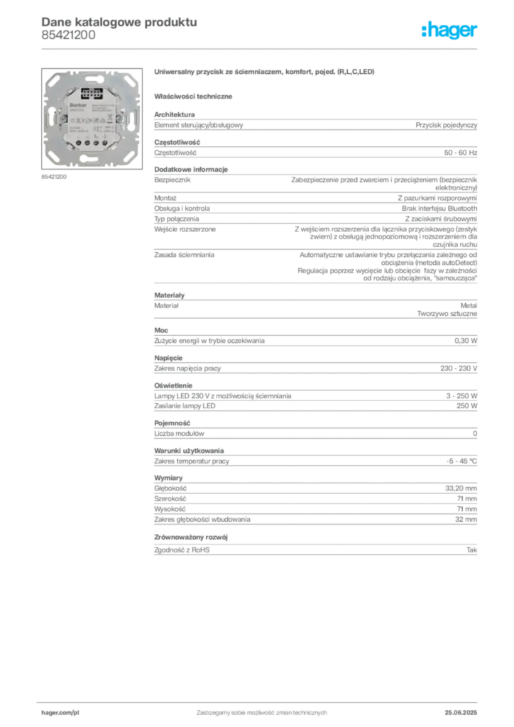 Zdjęcie Hager Dane katalogowe produktu 85421200 | Hager Polska