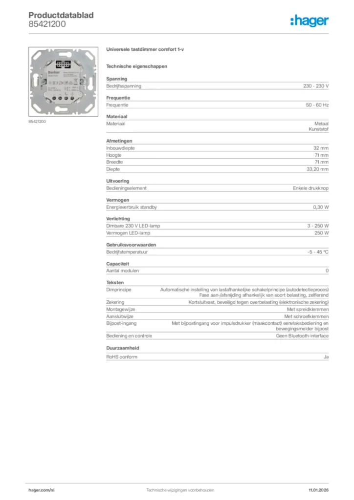 Afbeelding Hager Productdatablad 85421200 | Hager Nederland