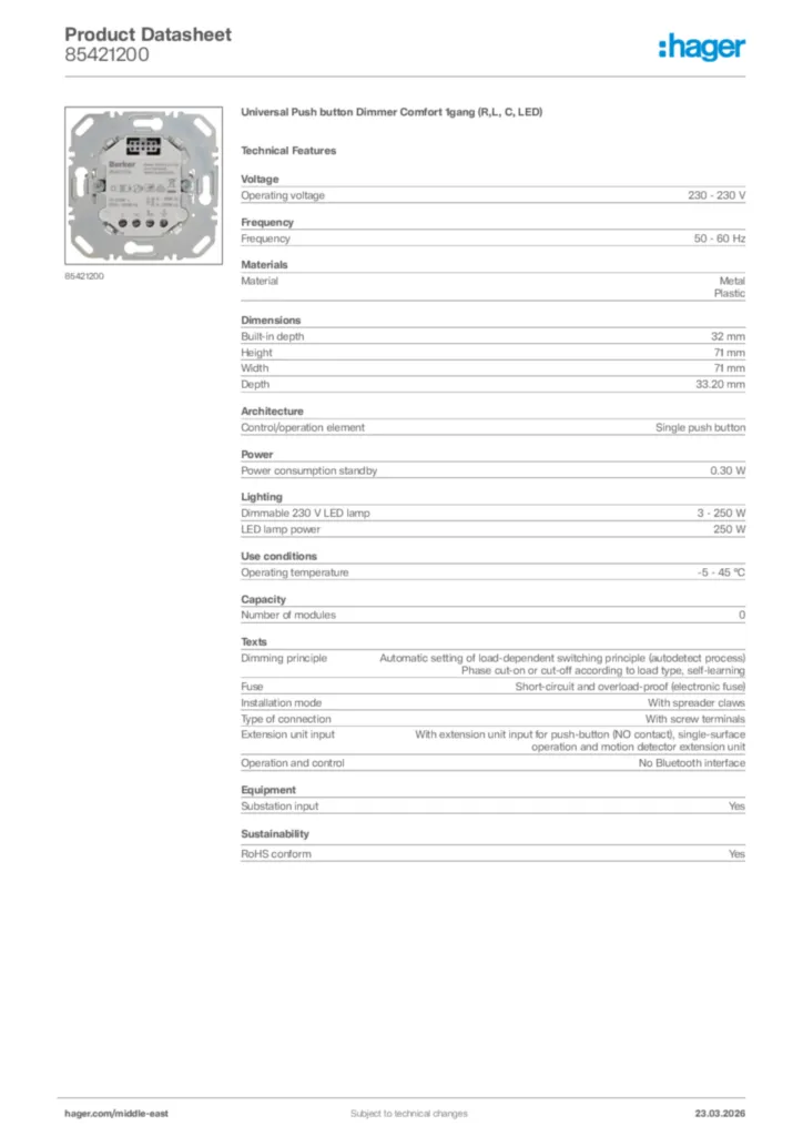 Image Hager Product data sheet 85421200  | Hager