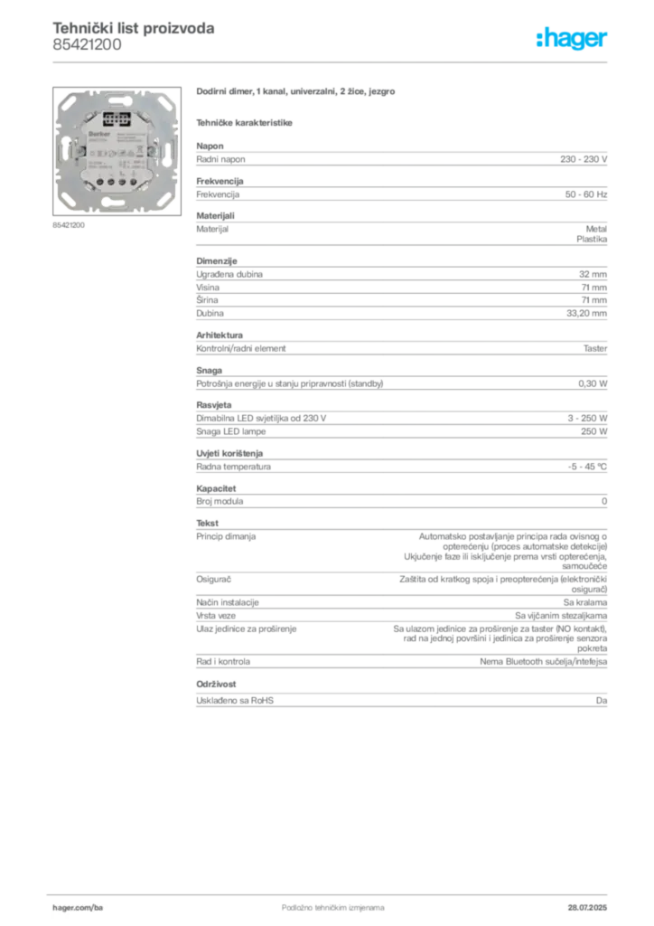 Slika Hager Product data sheet 85421200  | Hager