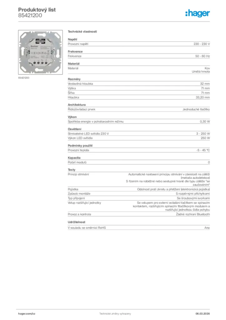 Obrázek Hager Product data sheet 85421200 | Hager