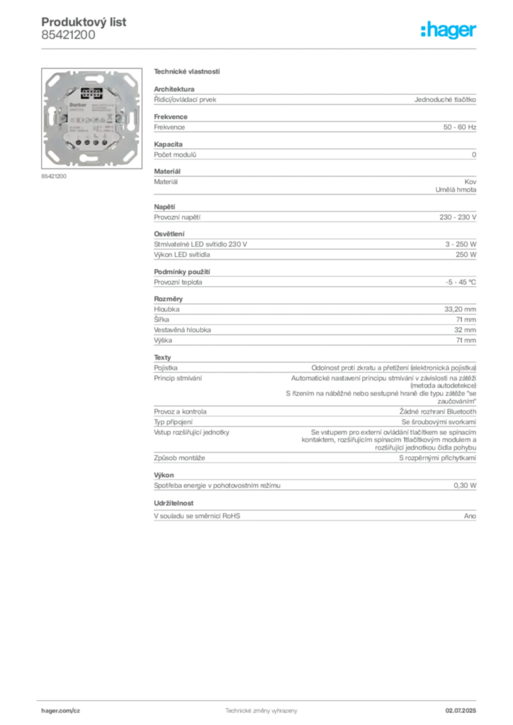 Obrázek Hager Produktový list 85421200 | Hager