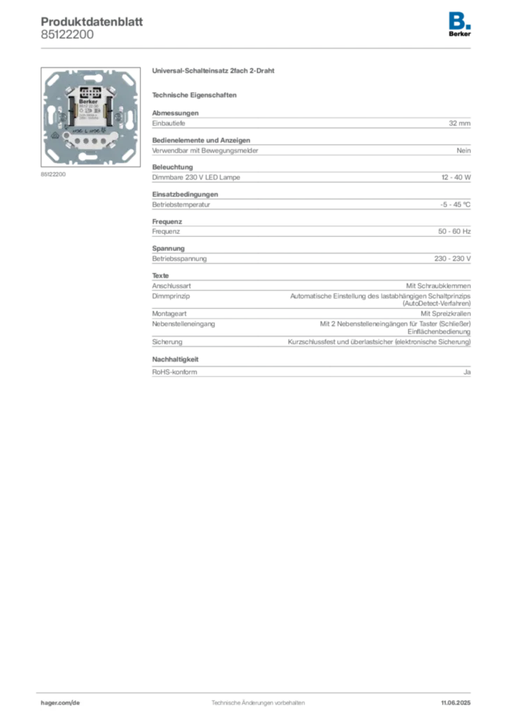 Bild Berker Produktdatenblatt 85122200 | Hager Deutschland