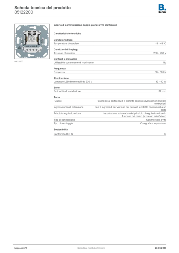 Immagine Berker Scheda tecnica del prodotto 85122200 | Hager Italia