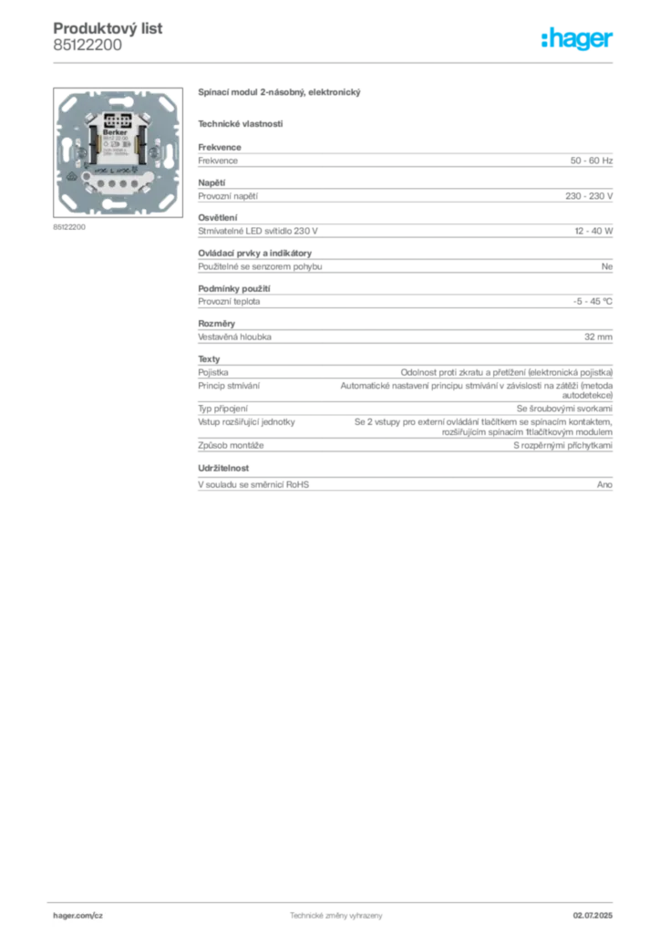 Obrázek Hager Produktový list 85122200 | Hager