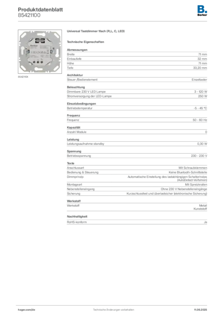 Bild Berker Produktdatenblatt 85421100 | Hager Deutschland