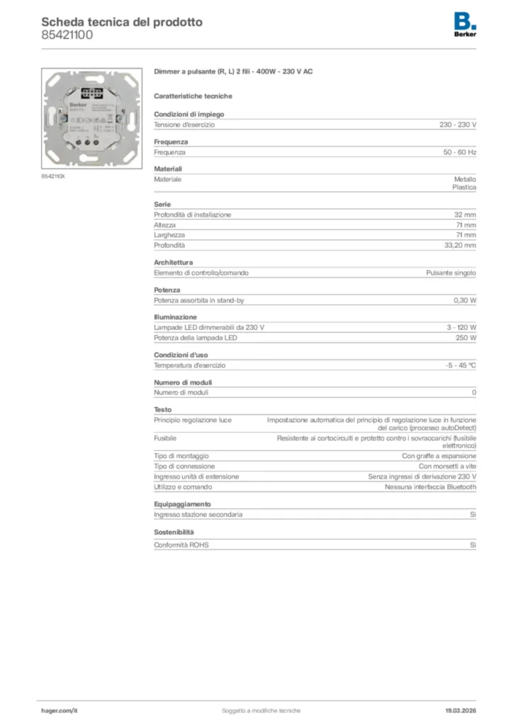 Immagine Berker Scheda tecnica del prodotto 85421100 | Hager Italia