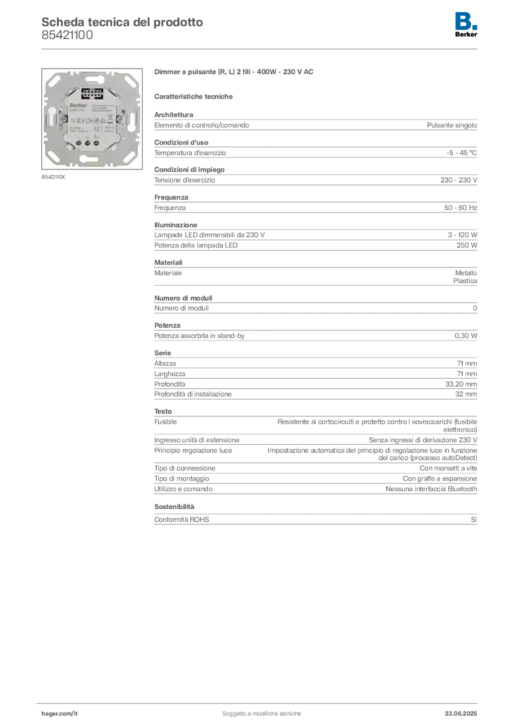 Immagine Berker Scheda tecnica del prodotto 85421100 | Hager Italia