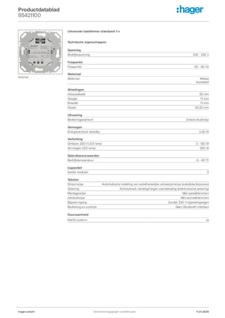 Afbeelding Hager Productdatablad 85421100 | Hager Nederland
