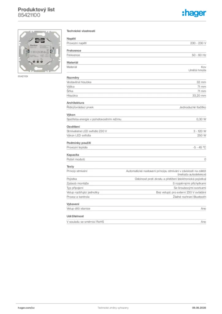 Obrázek Hager Product data sheet 85421100 | Hager