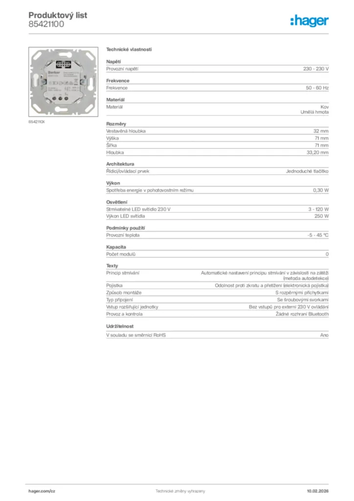 Obrázek Hager Product data sheet 85421100 | Hager