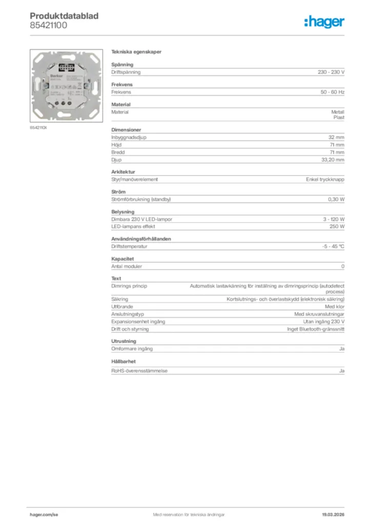 Bild Hager Produktdatablad 85421100 | Hager Sverige